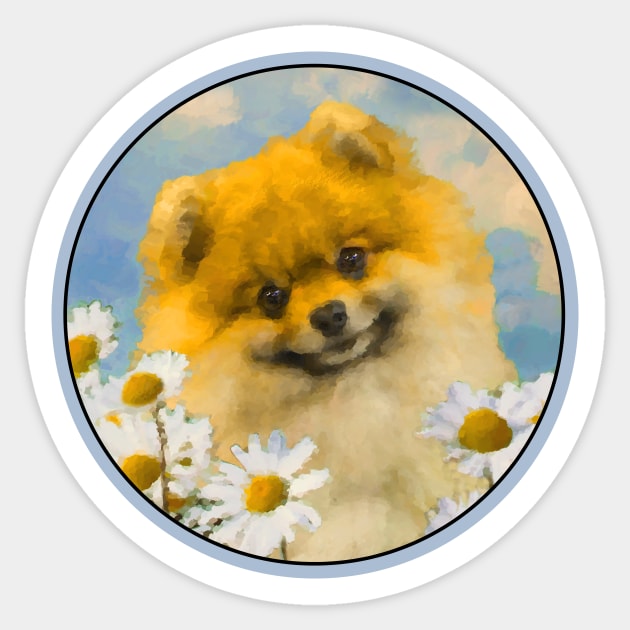 Pomeranian in Daisies (Orange) Sticker by Alpen Designs